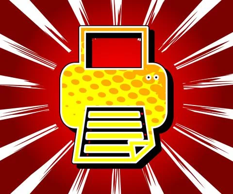 Printer icon, sign. Comic book word symbol on abstract comics background. Ret Stock Illustration