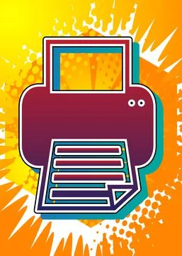Printer icon, sign. Comic book word symbol on abstract comics background. Ret Illustrazione stock
