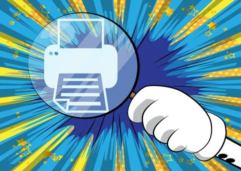 Printer icon under magnifying glass illustration on comic book background. Pr Illustrazione stock