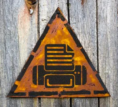 Printer Icon on Weathered Warning Sign. Stock Illustration