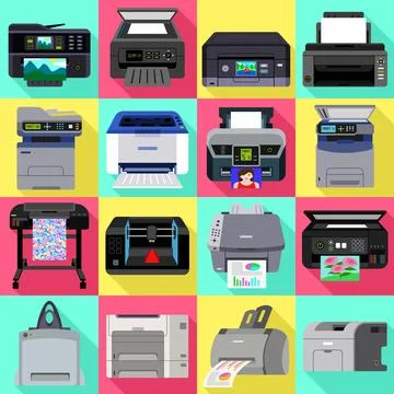 Printer icons set, flat style 스톡 일러스트