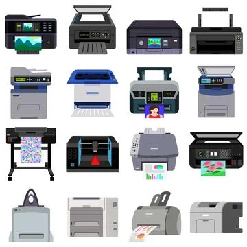 Printer icons set, flat style Stock Illustration