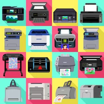 Printer icons set, flat style Stock Illustration