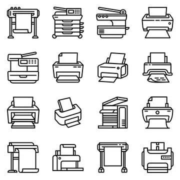 Printer icons set, outline style 스톡 일러스트