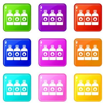 Printer ink bottles icons 9 set Illustrazione stock