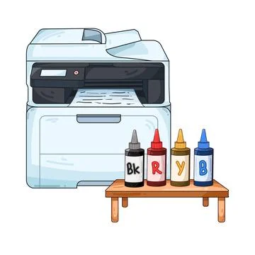 Printer with ink bottles illustration Illustrazione stock