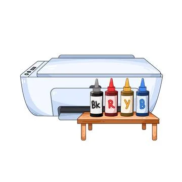 Printer with ink bottles illustration イラスト素材