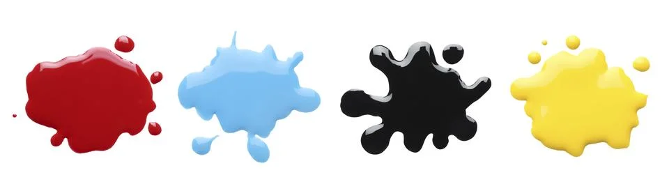 Printer ink of different colors. Set of spots isolated on white, top view Stock Photos