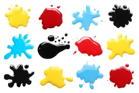 Printer ink of different colors. Set of spots isolated on white, top view Stock Photos