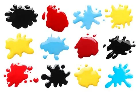 Printer ink of different colors. Set of spots isolated on white, top view Stock Photos