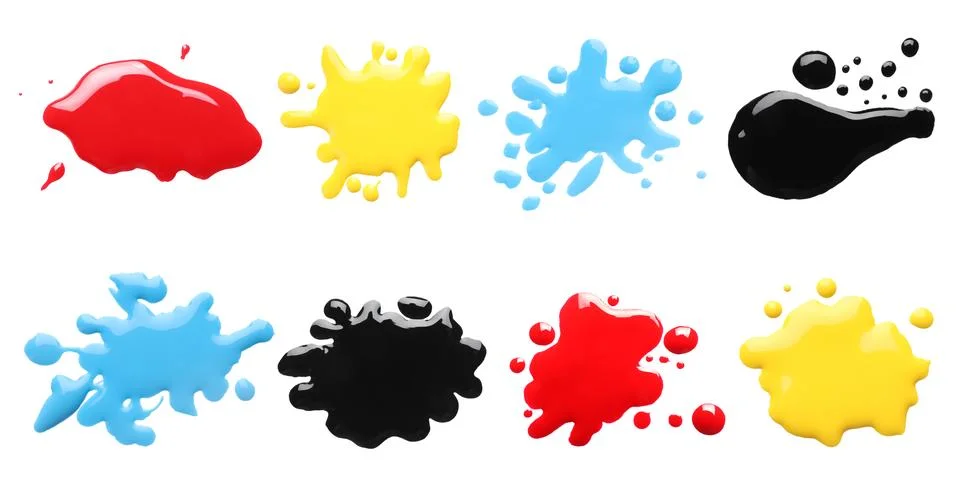 Printer ink of different colors. Set of spots isolated on white, top view Stock Photos