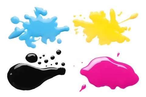 Printer ink of different colors. Set of spots isolated on white, top view Stock Photos