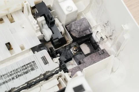 Printer Interior With Ink and Toner Residue, Gears and Pads Close-Up for Re.. Stock Photos