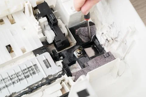 Printer Interior With Ink and Toner Residue, Gears and Pads Close-Up for Re.. Stock Photos