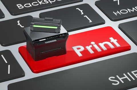 Printer on keyboard. Print red key, 3D rendering Illustrazione stock