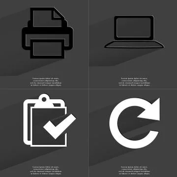 Printer, Laptop, Task completed icon, Reload icon. Symbols with long shadow. Fla Illustrazione stock