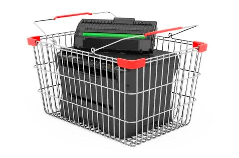 Printer laser MFP inside shopping basket, 3D rendering 스톡 일러스트