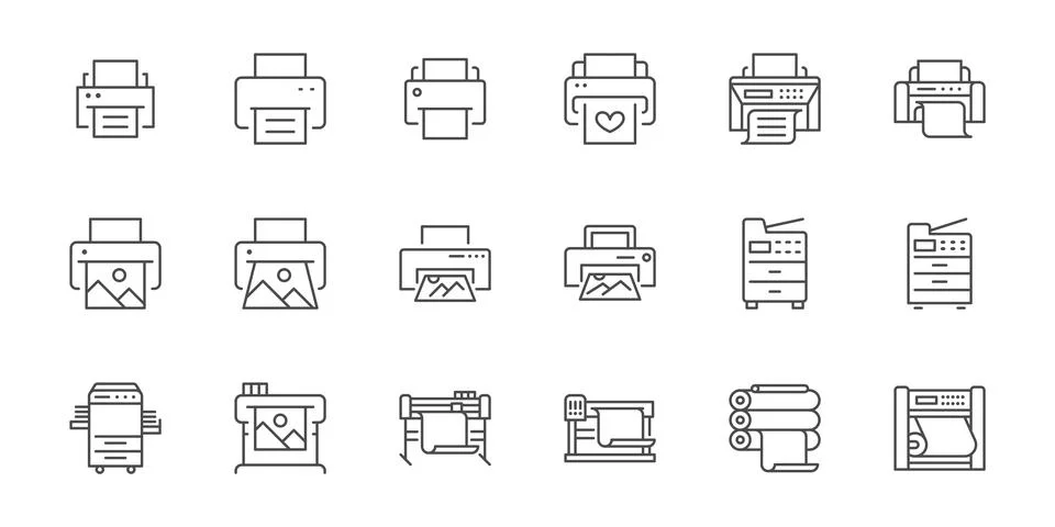 Printer line icon set. Large format printing, plotter, scanner, cutting machine Illustrazione stock