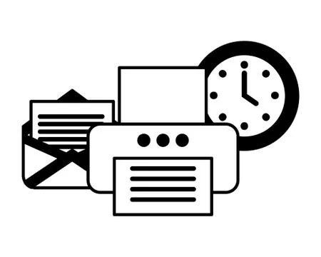 Printer machine with envelope and watch Illustrazione stock