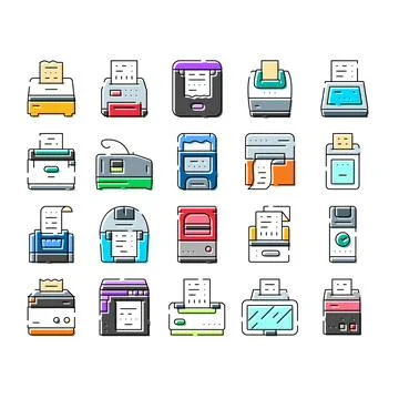 Printer machines printing different types of documents and receipts Illustrazione stock