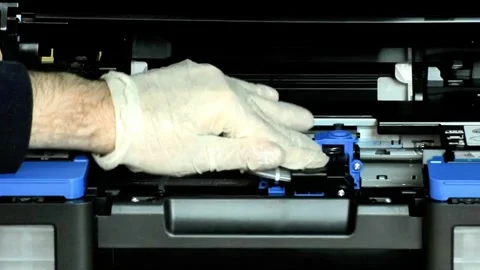Printer Maintenance: Technician Installs Ink System with Precision Gloves 스톡 동영상 320385092