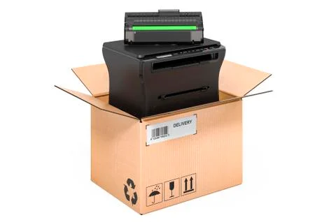 Printer MFP inside cardboard box, delivery concept. 3D rendering Stock Illustration