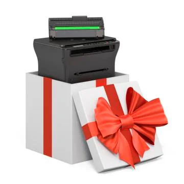 Printer MFP inside gift box, present concept. 3D rendering 스톡 일러스트