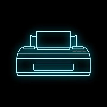 Printer neon icon glowing blue outline dark background Illustrazione stock
