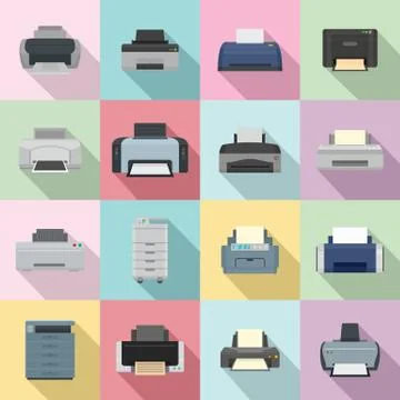 Printer office copy document icons set flat style Stockillustratie