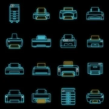 Printer office copy document icons set vector neon Illustrazione stock