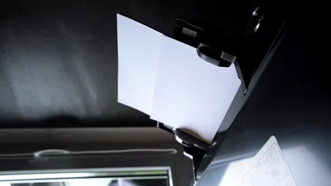 Printer paper tray close-up. Loading a sheet. Printing process. A paper comes Video stock 314621994