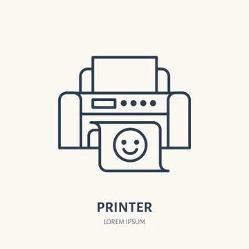 Printer with printed paper flat line icon. Office printing device sign. Thin Illustrazione stock
