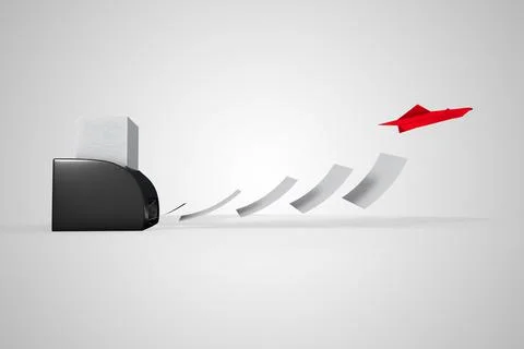 Printer prints pages into a red paper airplane demonstrating competitive adva Stock Illustration