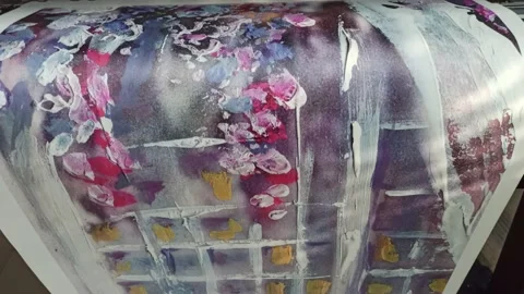 Printer prints pattern on vinyl wallpaper. Printing color pattern on wallpaper Video stock 168098997