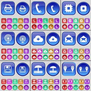 Printer, Receiver, Processor, Wi-Fi, Cloud, Message, Floppy disk, Umbrella, Chec Stock Illustration