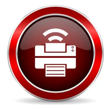 Printer red circle glossy web icon, round button with metallic border Stock Illustration