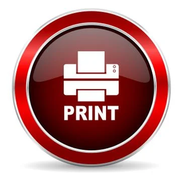 Printer red circle glossy web icon, round button with metallic border Stock Illustration