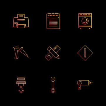 Printer , scale , pencil , washing machine , nails , hardware , tools ,labour Stock Illustration