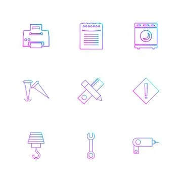 Printer , scale , pencil , washing machine , nails , hardware , tools ,labour Stock Illustration
