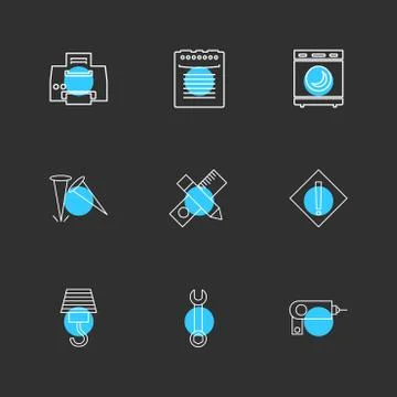 Printer , scale , pencil , washing machine , nails , hardware , tools ,labour Stock Illustration