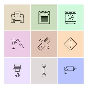 Printer , scale , pencil , washing machine , nails , hardware , tools ,labour Stock Illustration