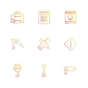 Printer , scale , pencil , washing machine , nails , hardware , tools ,labour Stock Illustration