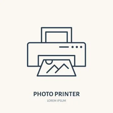 Printer with snapshop flat line icon. Photography equipment sign. Thin linear Illustrazione stock