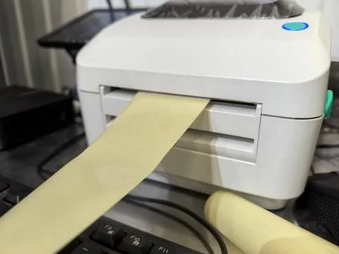 Printer spewing out long sheets of paper in a busy workspace Stock Photos