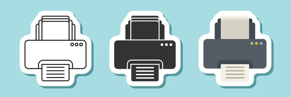 Printer sticker icon set collection in flat style. Office machine vector il.. Illustrazione stock