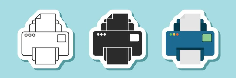 Printer sticker icon set collection in flat style. Office machine vector il.. Illustrazione stock