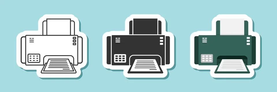 Printer sticker icon set collection in flat style. Office machine vector il.. Stock Illustration