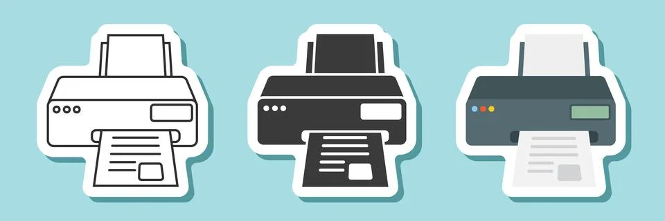 Printer sticker icon set collection in flat style. Office machine vector il.. Illustrazione stock