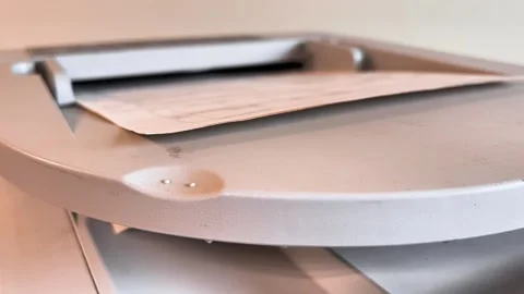The printer takes documents from the upper tray for scanning and printing. Stock Footage 317453450
