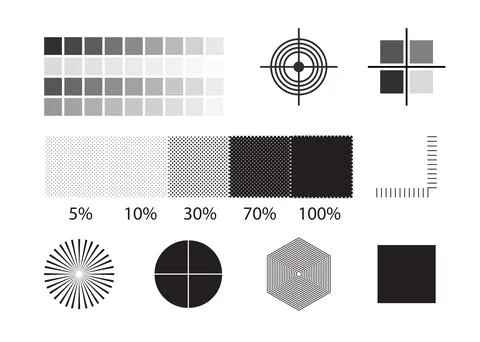Printer Test Page Vector Set with Grayscale Color Chart, Registration Marks 스톡 일러스트